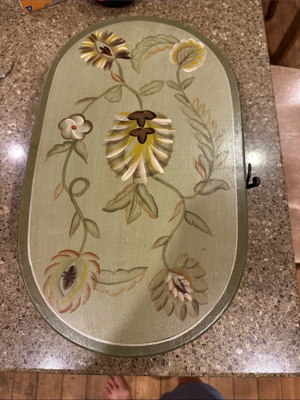 Hand-Painted Floral Oval Box- Sage Green